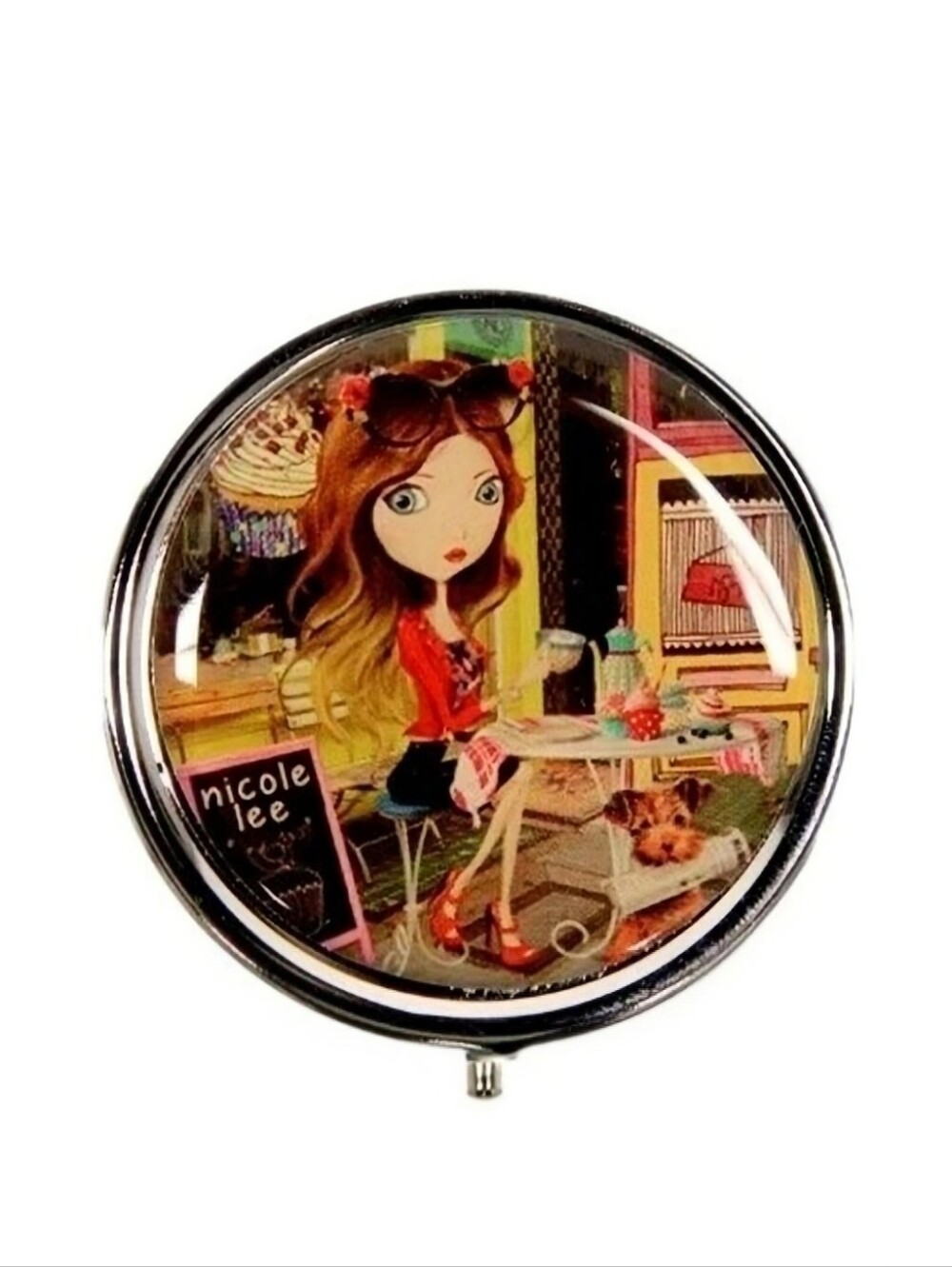 Nicole Lee Cupcake Girl Round Pill Case Silver Mirror Compact Trinket Box